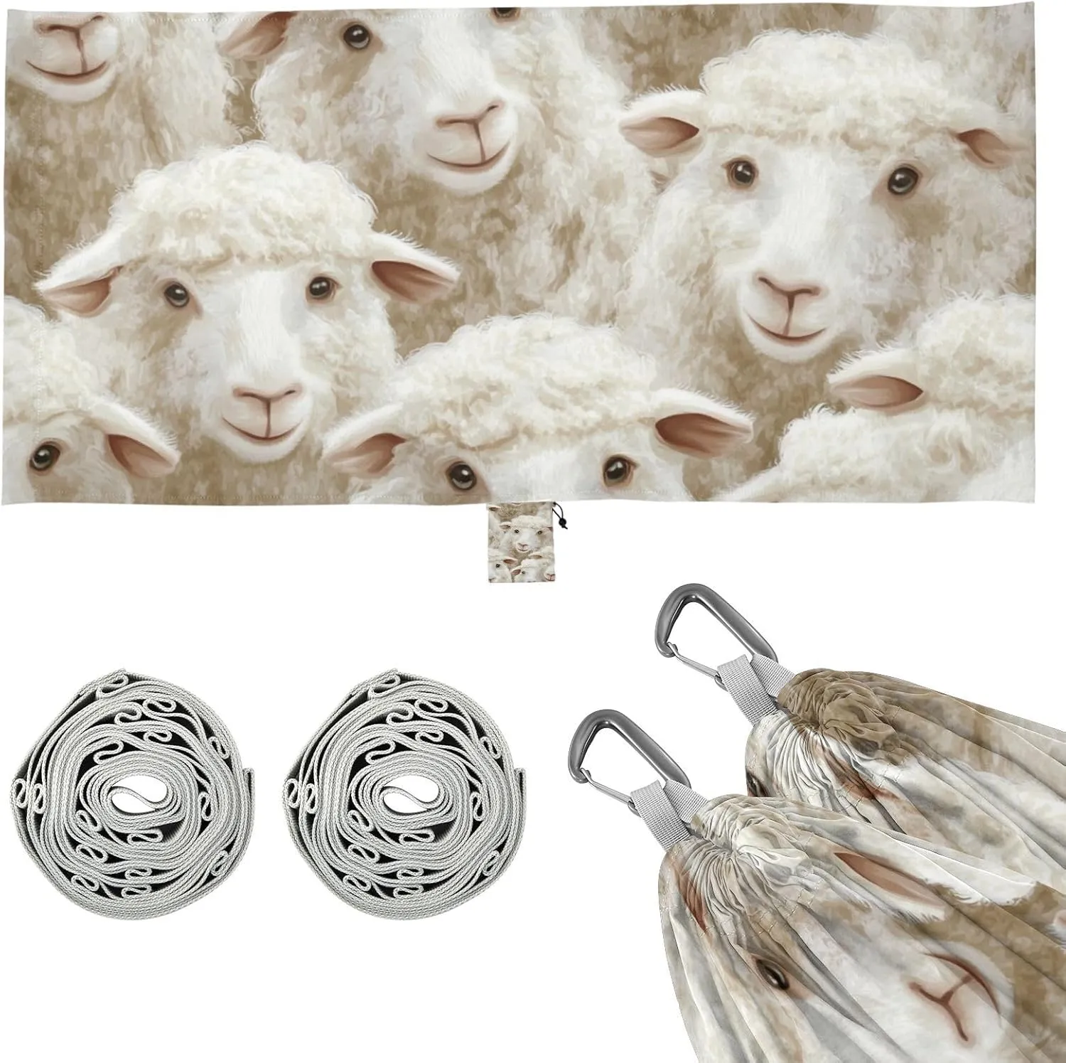 Cartoon Sheep White Hammocks for Camping with Tree Straps Rope Hammock for Outside Camping Essentials