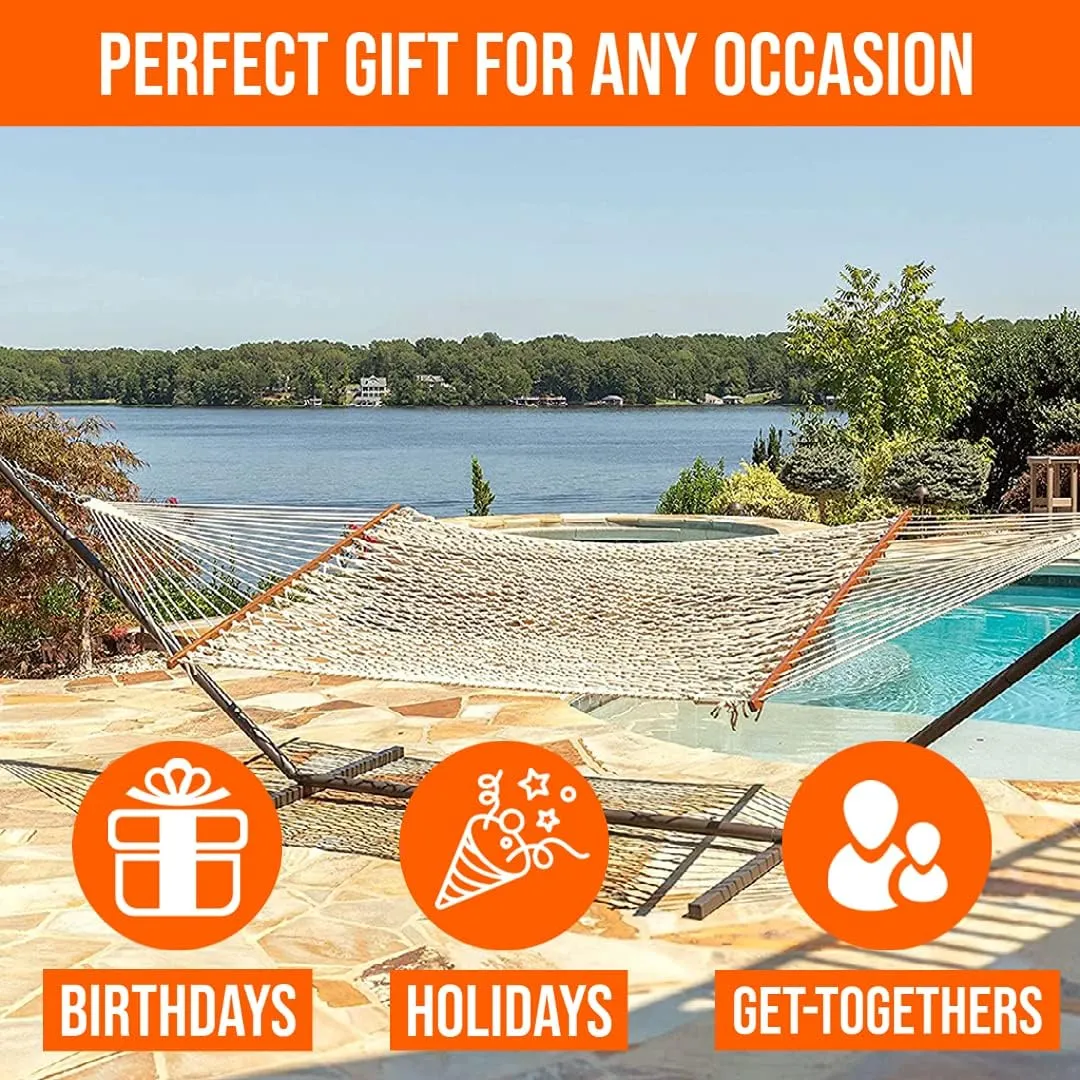 Castaway Living 13 ft. Double Traditional Hand Woven Oatmeal Polyester Rope Hammock with Free Extension Chains, and Tree Hooks, for 2 People with a Weight Capacity of 450 lbs.
