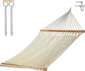 Castaway Living 13 ft. Double Traditional Hand Woven Oatmeal Polyester Rope Hammock with Free Extension Chains, and Tree Hooks, for 2 People with a Weight Capacity of 450 lbs.