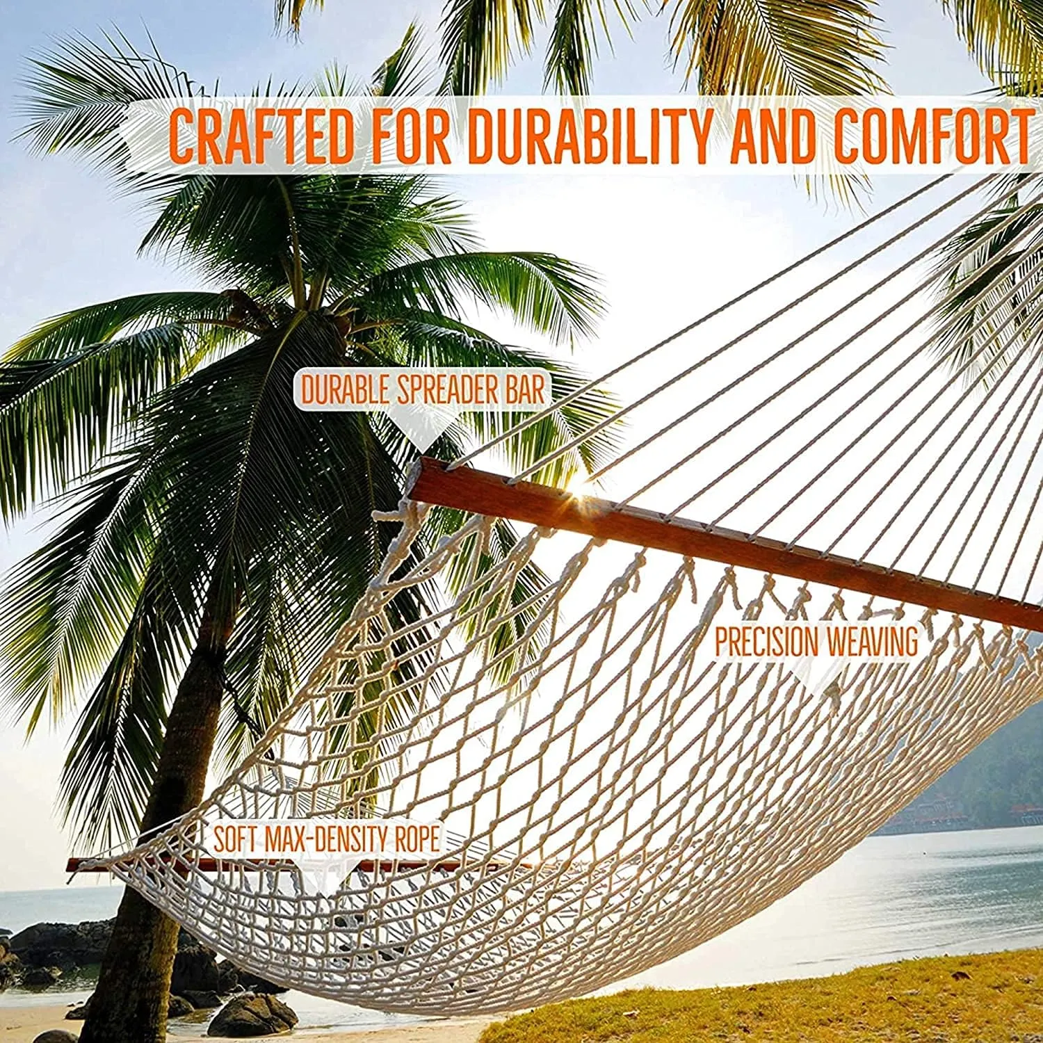 Castaway Living 13 ft. Double Traditional Hand Woven Oatmeal Polyester Rope Hammock with Free Extension Chains, and Tree Hooks, for 2 People with a Weight Capacity of 450 lbs.