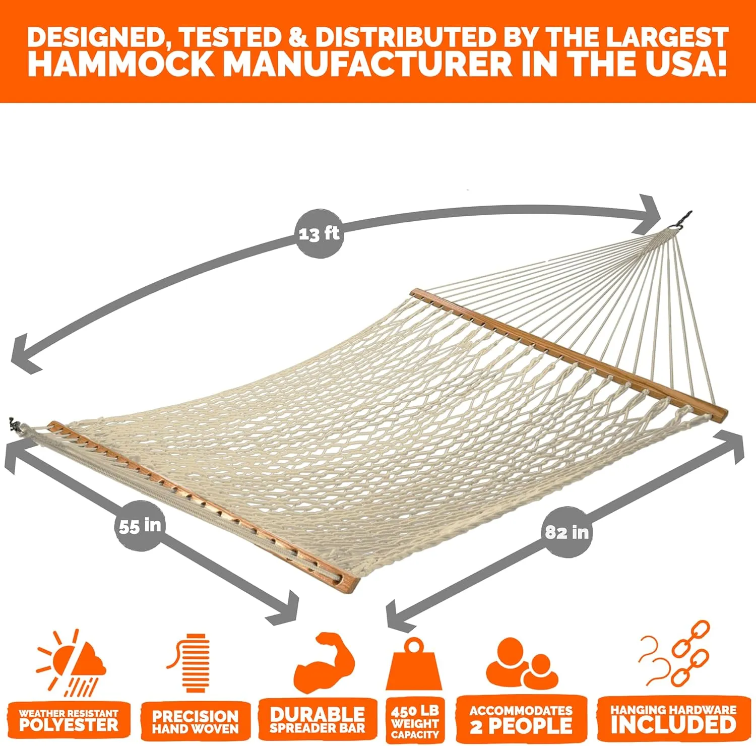 Castaway Living 13 ft. Double Traditional Hand Woven Oatmeal Polyester Rope Hammock with Free Extension Chains, and Tree Hooks, for 2 People with a Weight Capacity of 450 lbs.