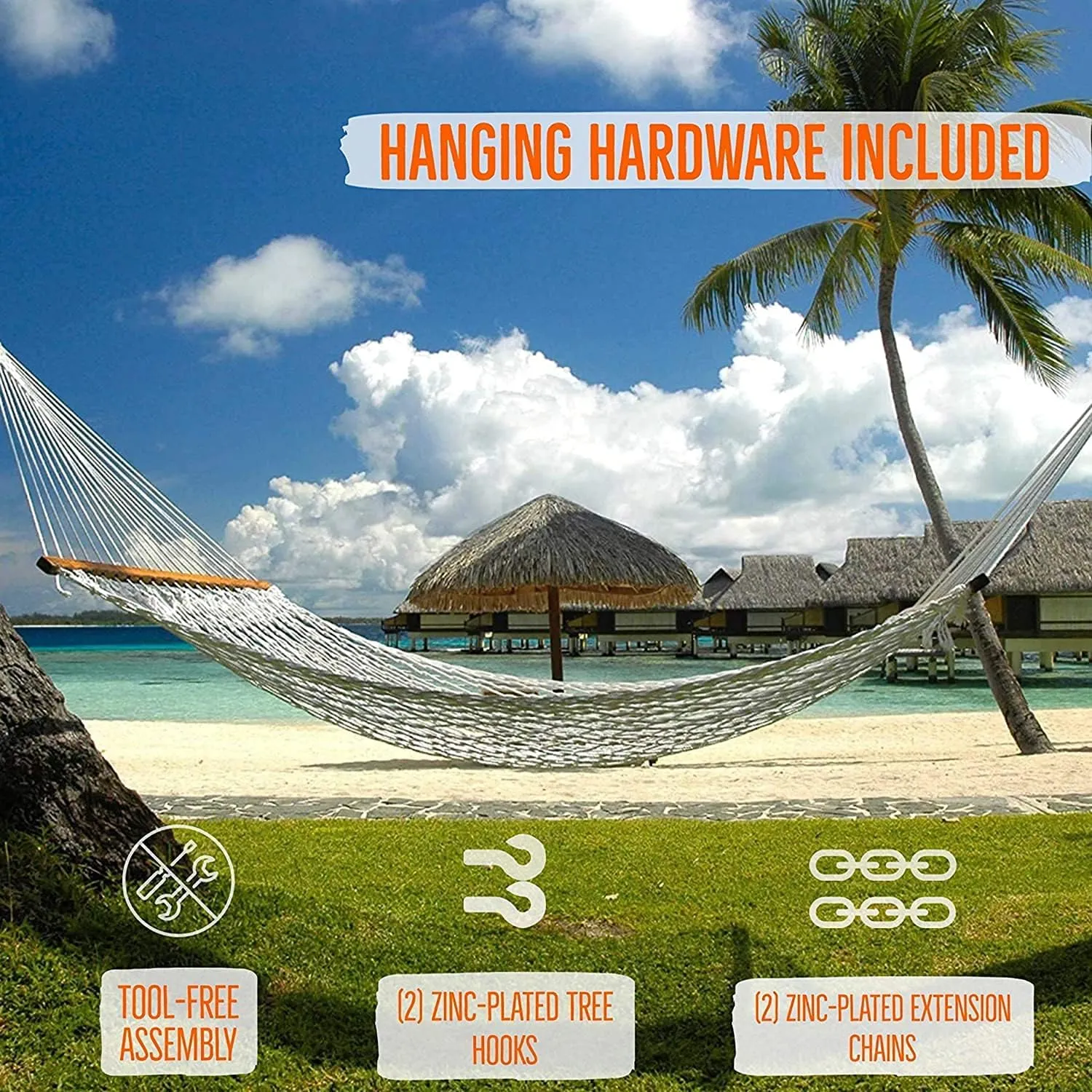 Castaway Living 13 ft. Double Traditional Hand Woven Oatmeal Polyester Rope Hammock with Free Extension Chains, and Tree Hooks, for 2 People with a Weight Capacity of 450 lbs.