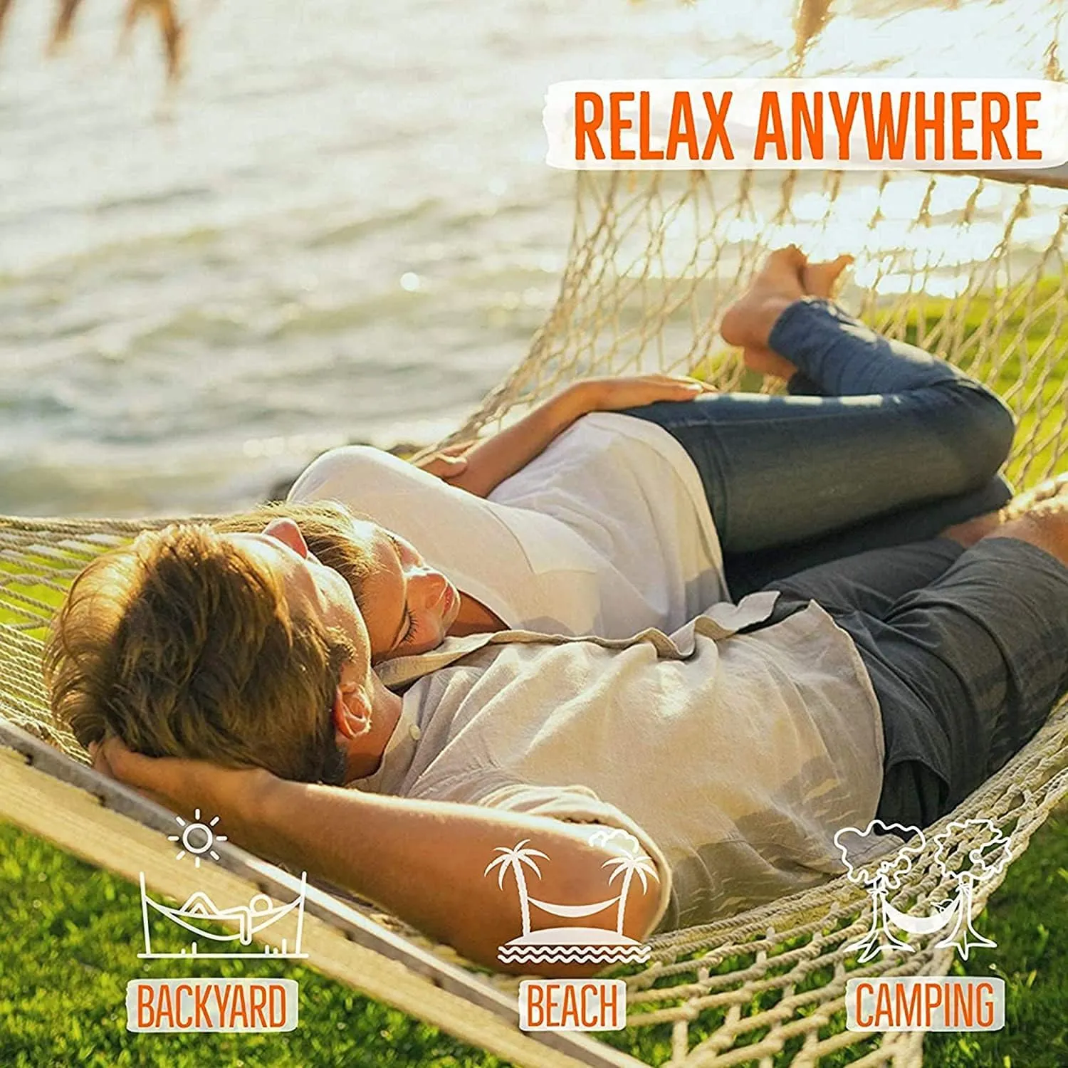 Castaway Living 13 ft. Double Traditional Hand Woven Oatmeal Polyester Rope Hammock with Free Extension Chains, and Tree Hooks, for 2 People with a Weight Capacity of 450 lbs.