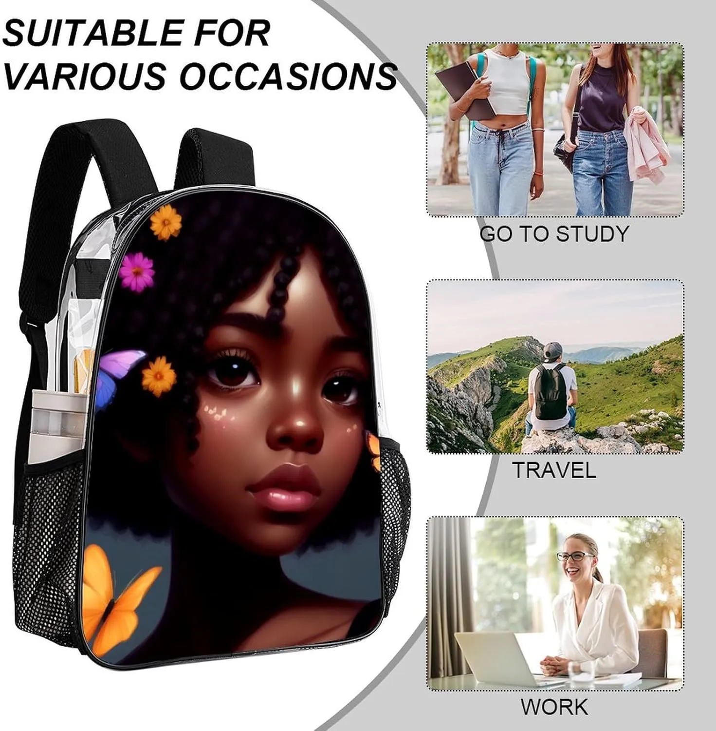 Casual Daypack Multipurpose Anti-Theft Large Capacity Carry On Bag - Afro Women African American Black Women Art Casual Daypack Climbing Shoulder Transparent Bag