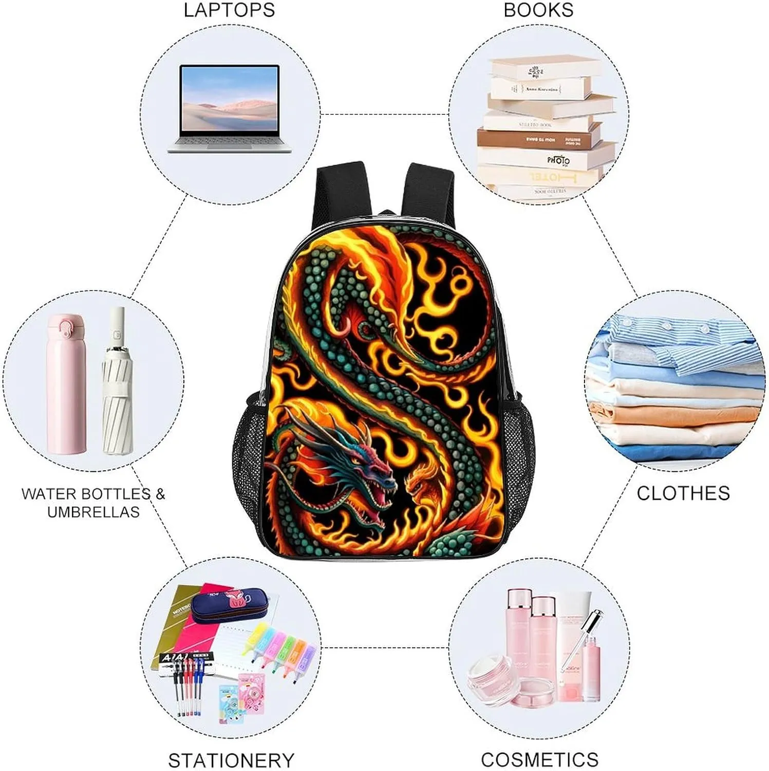 Casual Daypack Multipurpose Anti-Theft Large Capacity Carry On Bag - Burning Flaming Fire Chinese Dragon Art Casual Daypack Climbing Shoulder Transparent Bag