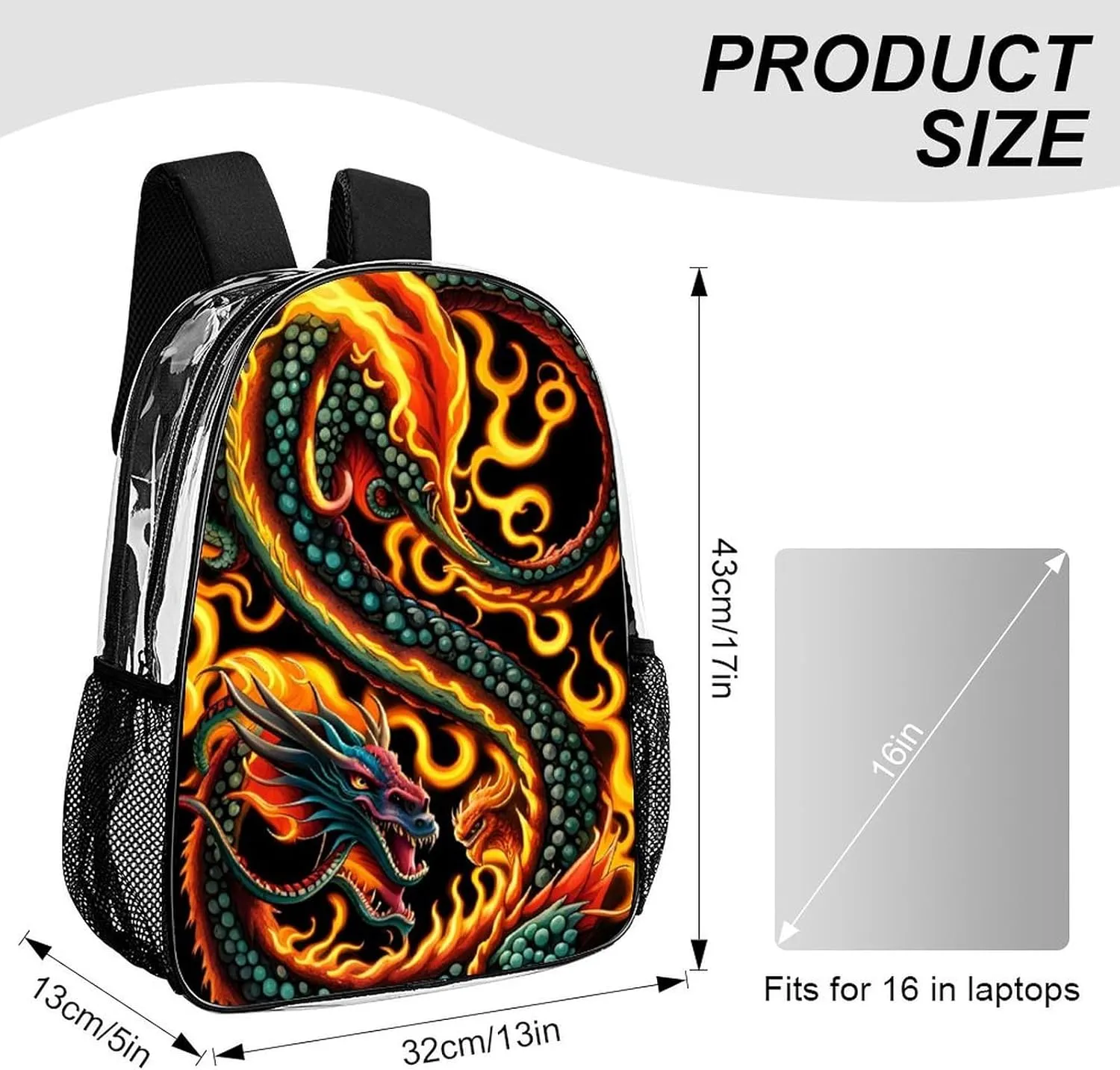 Casual Daypack Multipurpose Anti-Theft Large Capacity Carry On Bag - Burning Flaming Fire Chinese Dragon Art Casual Daypack Climbing Shoulder Transparent Bag