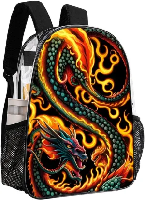 Casual Daypack Multipurpose Anti-Theft Large Capacity Carry On Bag - Burning Flaming Fire Chinese Dragon Art Casual Daypack Climbing Shoulder Transparent Bag