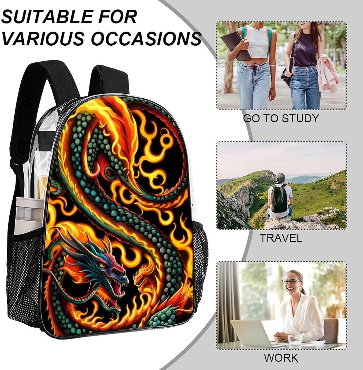 Casual Daypack Multipurpose Anti-Theft Large Capacity Carry On Bag - Burning Flaming Fire Chinese Dragon Art Casual Daypack Climbing Shoulder Transparent Bag