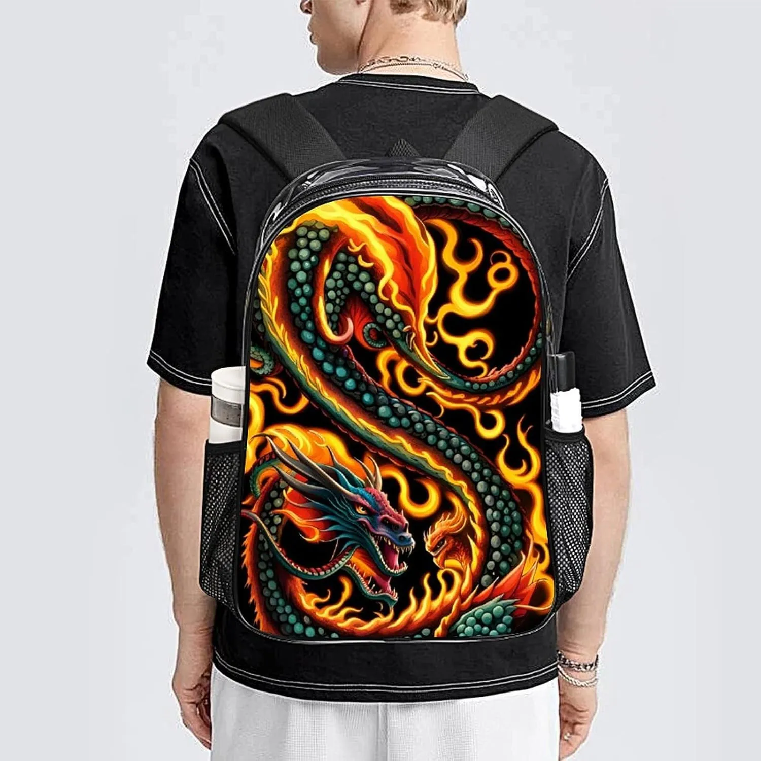 Casual Daypack Multipurpose Anti-Theft Large Capacity Carry On Bag - Burning Flaming Fire Chinese Dragon Art Casual Daypack Climbing Shoulder Transparent Bag