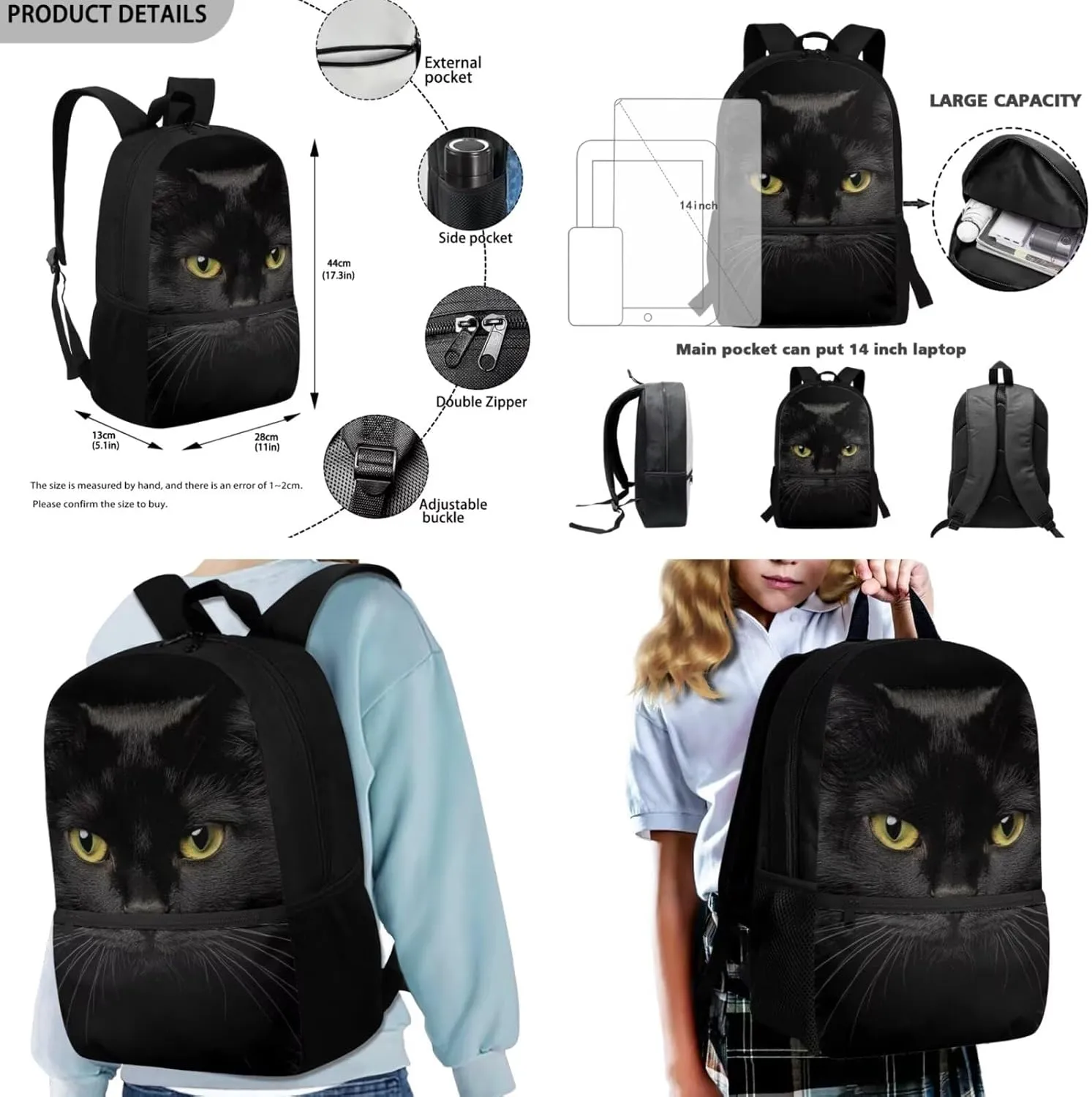Cat Bookbag for School Large Capacity Kindergarten Backpack with Lunch Box Lightweight Kids Lunch Bag with Water Bottle Holder 4 in 1 School Bag Set