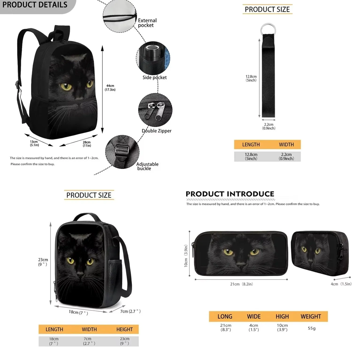 Cat Bookbag for School Large Capacity Kindergarten Backpack with Lunch Box Lightweight Kids Lunch Bag with Water Bottle Holder 4 in 1 School Bag Set