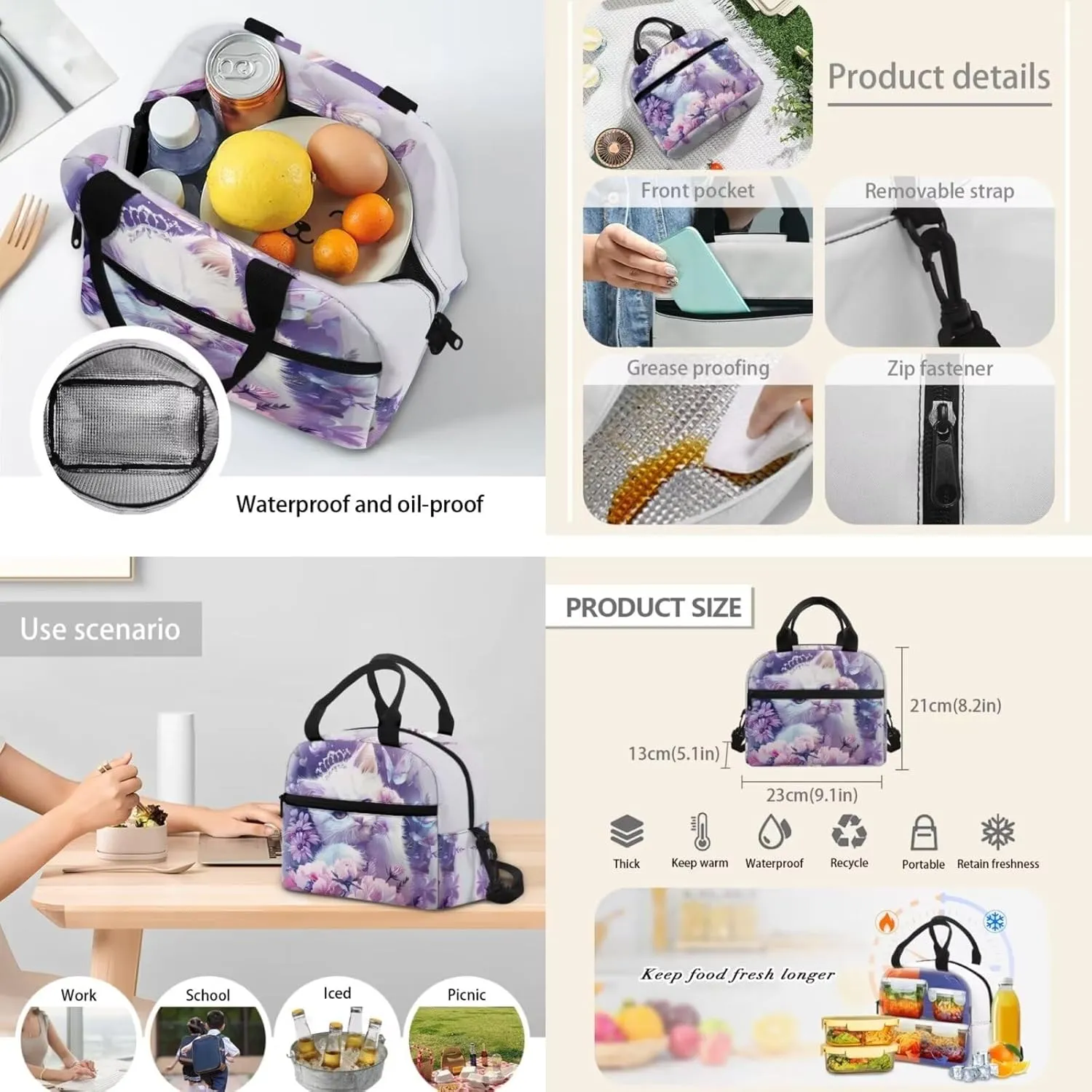 Cat School Bookbag for Girls, 3PCS Lightweight Kids Book Bag with Lunch Box Cute Pencil Case, Large Girls Backpack for School Elementary Middle High School Backpack, Purple