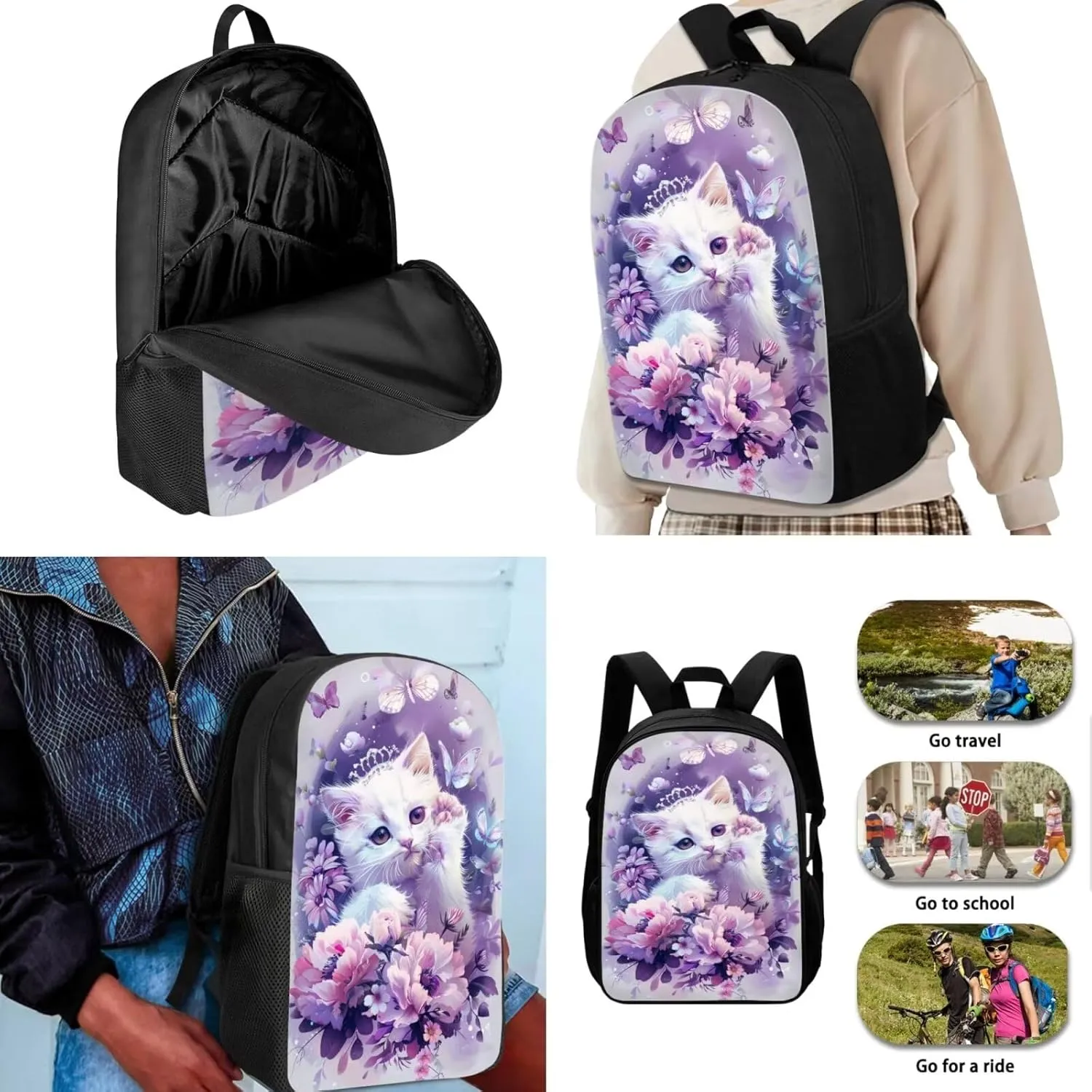 Cat School Bookbag for Girls, 3PCS Lightweight Kids Book Bag with Lunch Box Cute Pencil Case, Large Girls Backpack for School Elementary Middle High School Backpack, Purple
