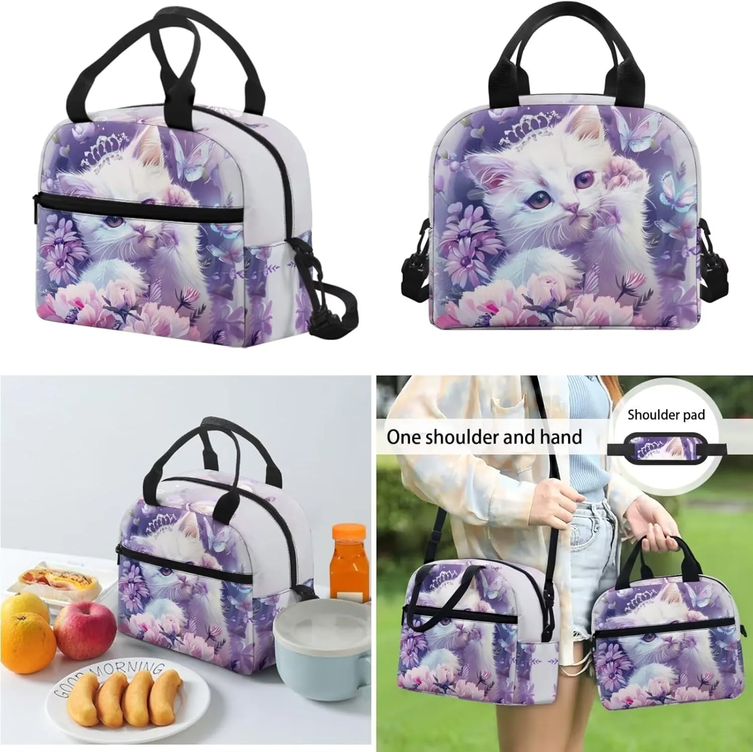 Cat School Bookbag for Girls, 3PCS Lightweight Kids Book Bag with Lunch Box Cute Pencil Case, Large Girls Backpack for School Elementary Middle High School Backpack, Purple