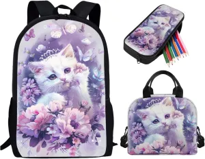 Cat School Bookbag for Girls, 3PCS Lightweight Kids Book Bag with Lunch Box Cute Pencil Case, Large Girls Backpack for School Elementary Middle High School Backpack, Purple