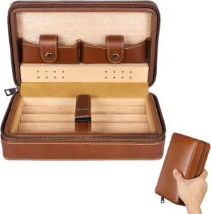 Cedar Wood Lined 4-Cigar Humidor Case, Cigar Humidor Fits 4 Cigars, Portable Leather Humidor with Cedar Wood Finish, Travel Zippered Cigar Bag for Cigars & Accessories