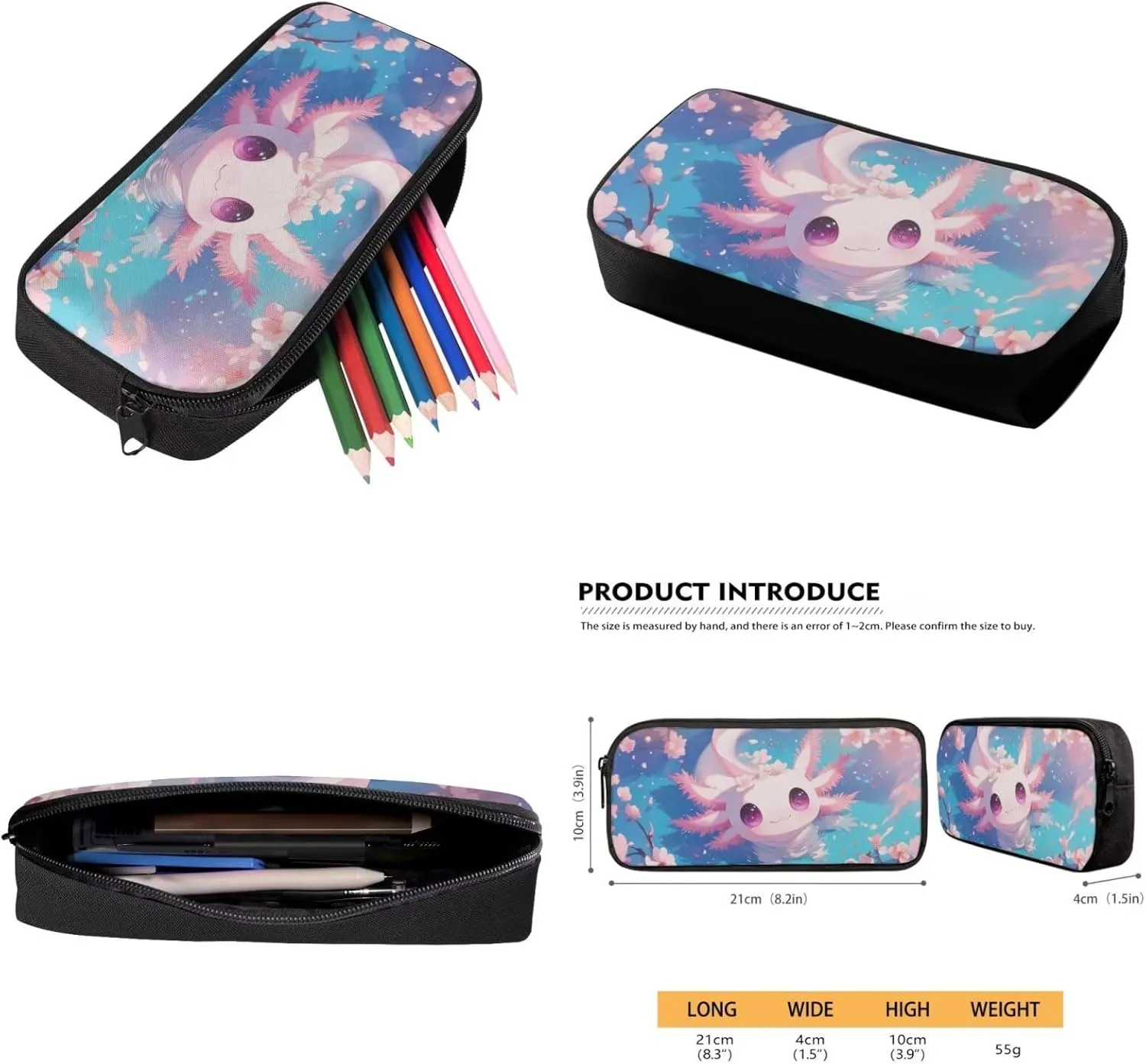 Cherry Blossoms Axolotl School Backpack for Girls 4Pcs Salamander Backpack with Lunch Box and Pencil Case fo Elementary School Bookbag for Girls Ages 6-8