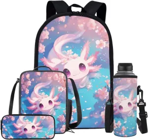 Cherry Blossoms Axolotl School Backpack for Girls 4Pcs Salamander Backpack with Lunch Box and Pencil Case fo Elementary School Bookbag for Girls Ages 6-8