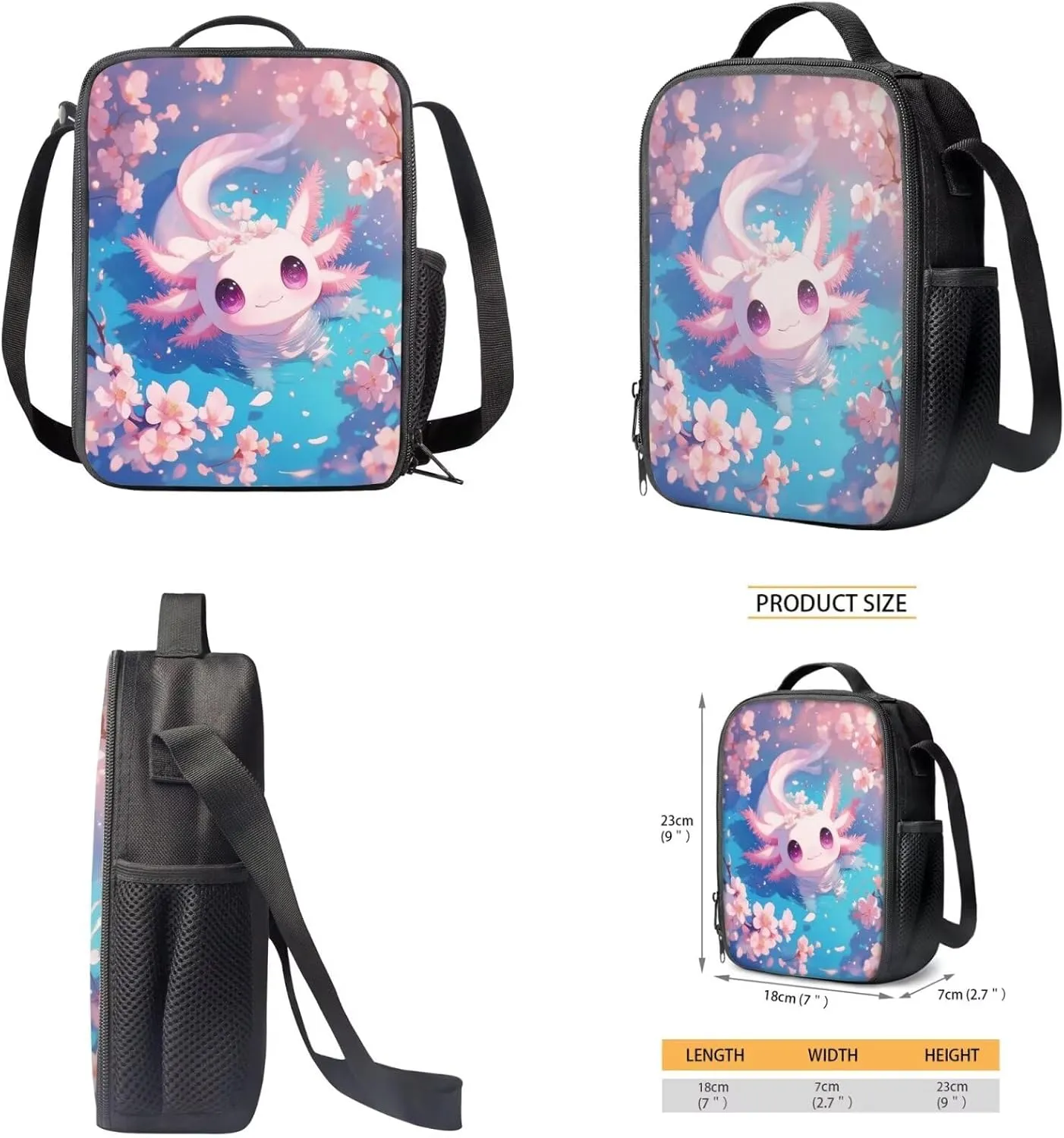 Cherry Blossoms Axolotl School Backpack for Girls 4Pcs Salamander Backpack with Lunch Box and Pencil Case fo Elementary School Bookbag for Girls Ages 6-8