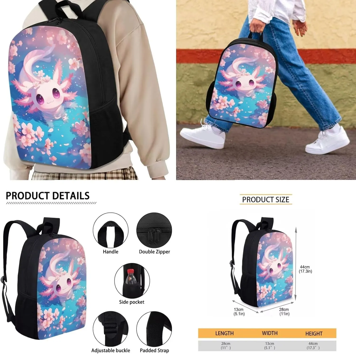Cherry Blossoms Axolotl School Backpack for Girls 4Pcs Salamander Backpack with Lunch Box and Pencil Case fo Elementary School Bookbag for Girls Ages 6-8