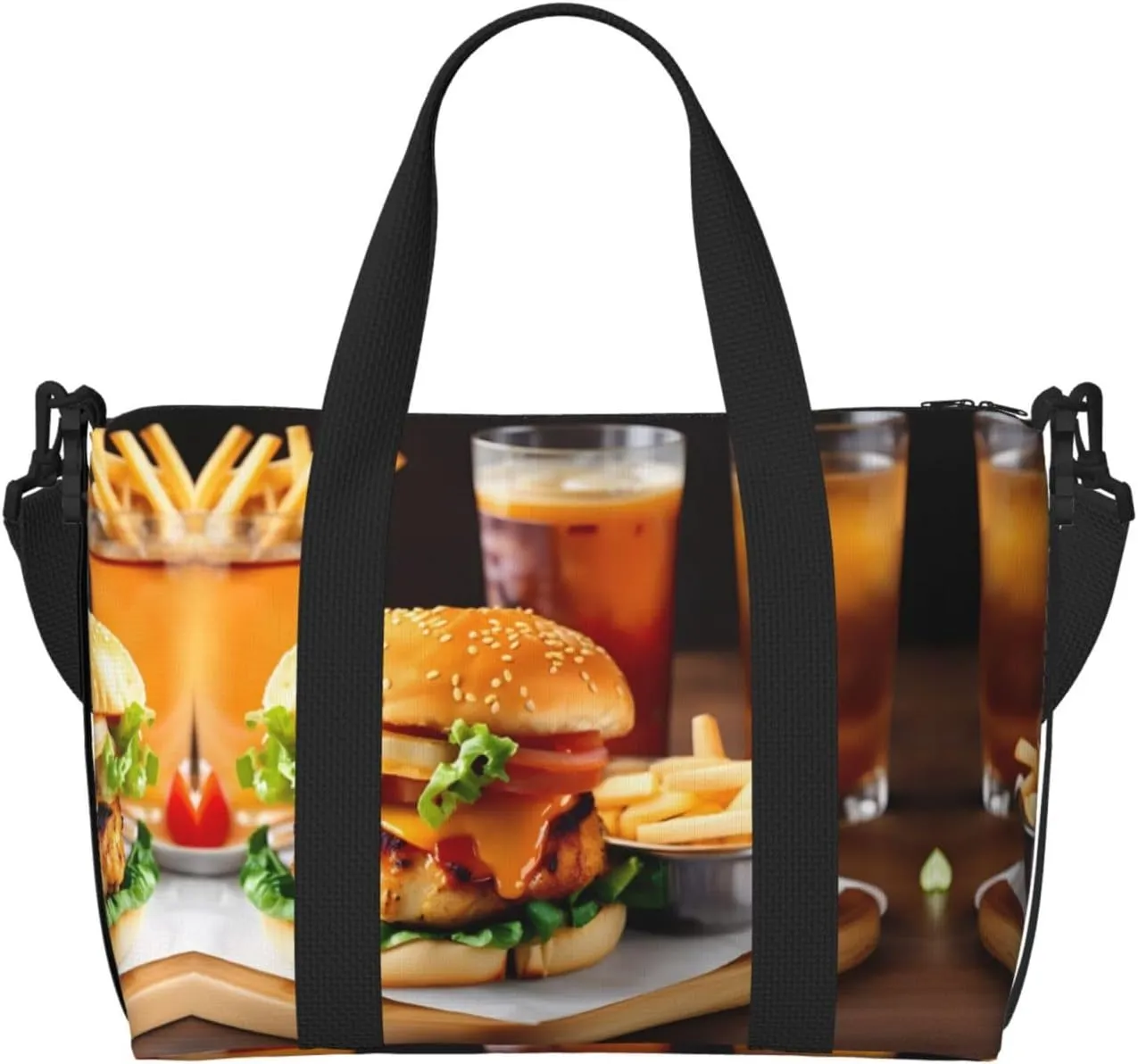 Chicken leg burger drink print Gym Bag for Women,Carry on Weekender Overnight Duffle Bag,Personal Item Tote Bag