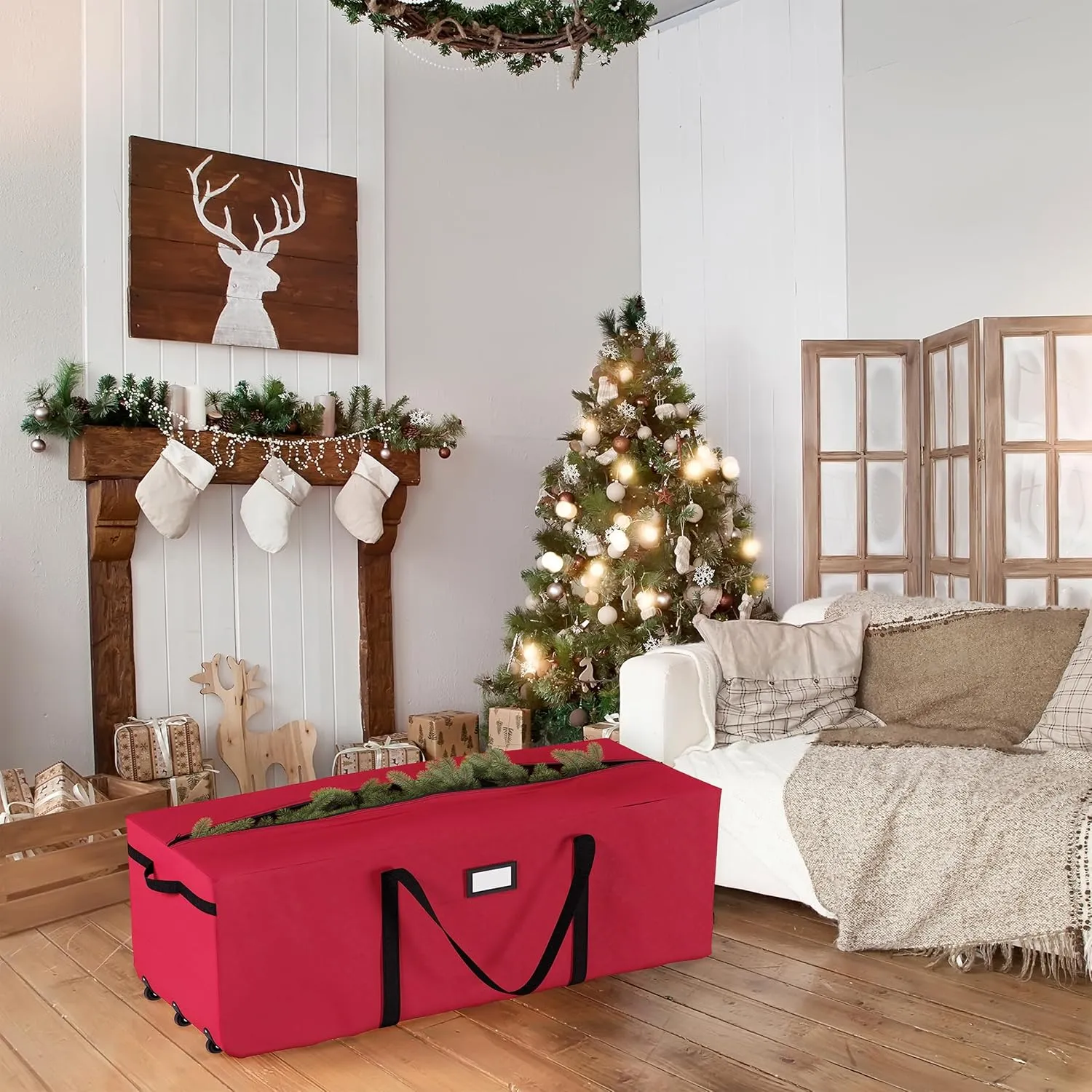 Christmas Tree Storage Bag with Wheels - Canvas Duffel for 12-Foot Fake Trees and Protecting Holiday Decorations and Inflatables by Elf Stor (Red)