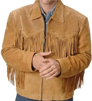 Classyak Western Leather Jacket Brown with Fringes Cowboy Tassles