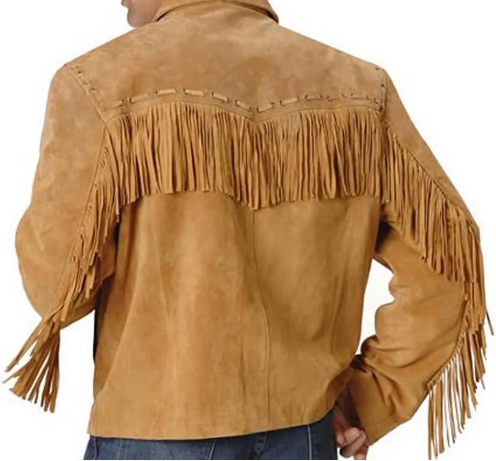 Classyak Western Leather Jacket Brown with Fringes Cowboy Tassles