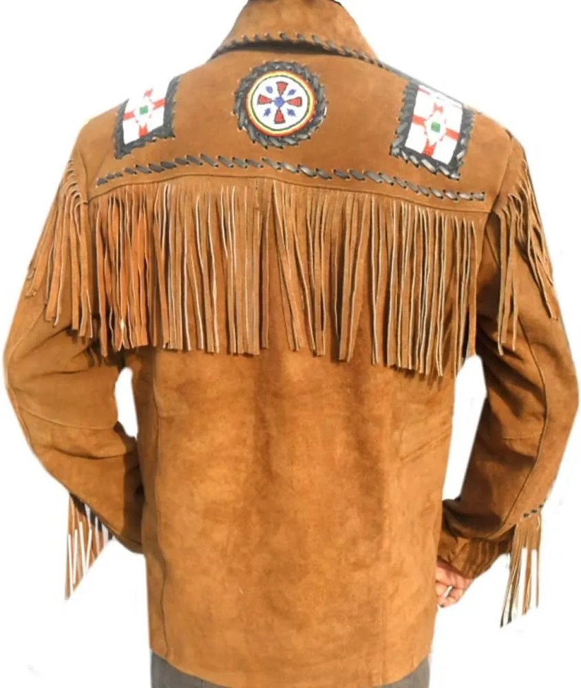 Classyak Western Suede Leather Jacket Brown, Fringed Bones & Beads, Xs-5xl