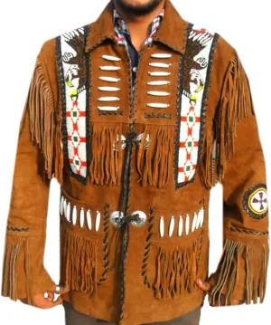 Classyak Western Suede Leather Jacket Brown, Fringed Bones & Beads, Xs-5xl