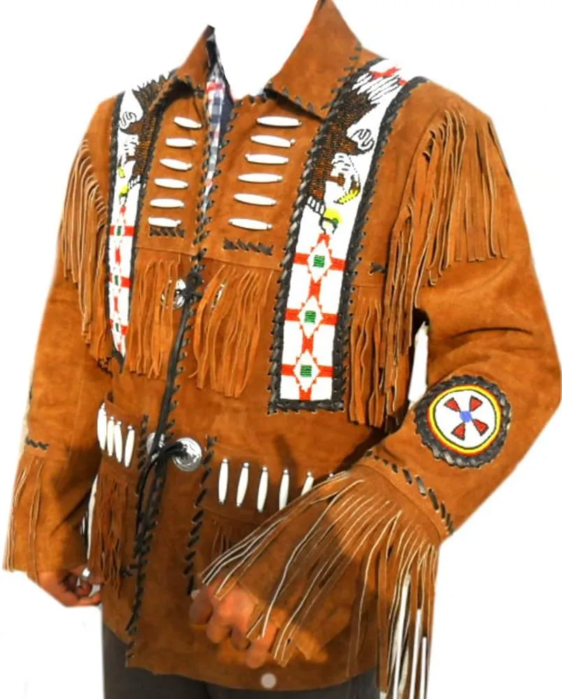Classyak Western Suede Leather Jacket Brown, Fringed Bones & Beads, Xs-5xl