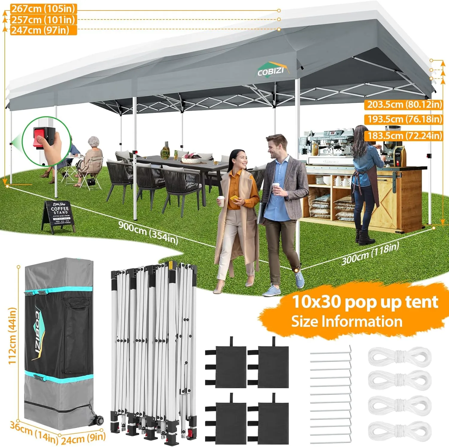 COBIZI 10x30 Party Tent with Wheeled Bag 10x30 Pop up Canopy with One-Push Setup, Outdoor Canopy with 3 Sidewalls Gazebo Event Shelter for Wedding Commercial with Sandbags,Waterproof & UPF50 , Grey