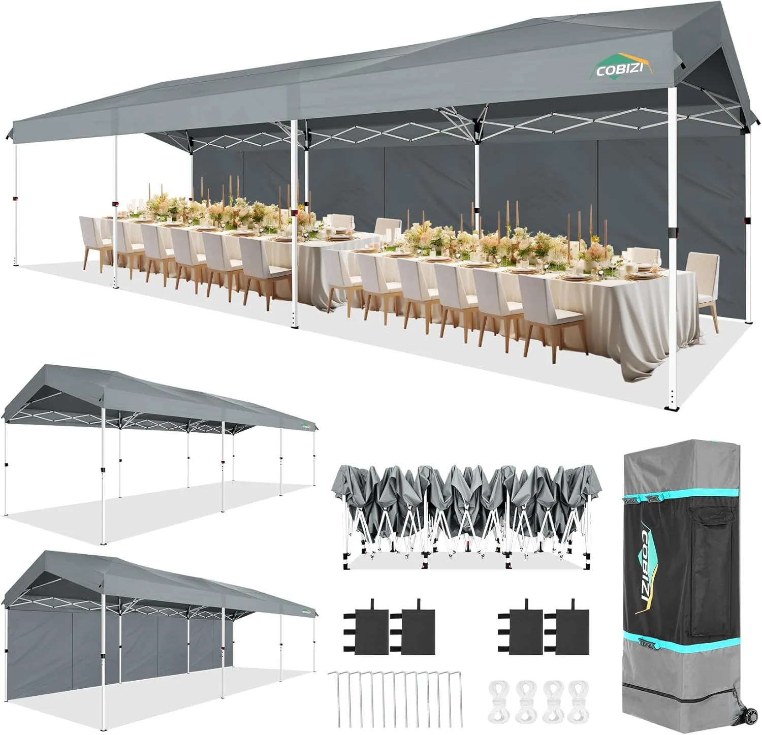 COBIZI 10x30 Party Tent with Wheeled Bag 10x30 Pop up Canopy with One-Push Setup, Outdoor Canopy with 3 Sidewalls Gazebo Event Shelter for Wedding Commercial with Sandbags,Waterproof & UPF50 , Grey
