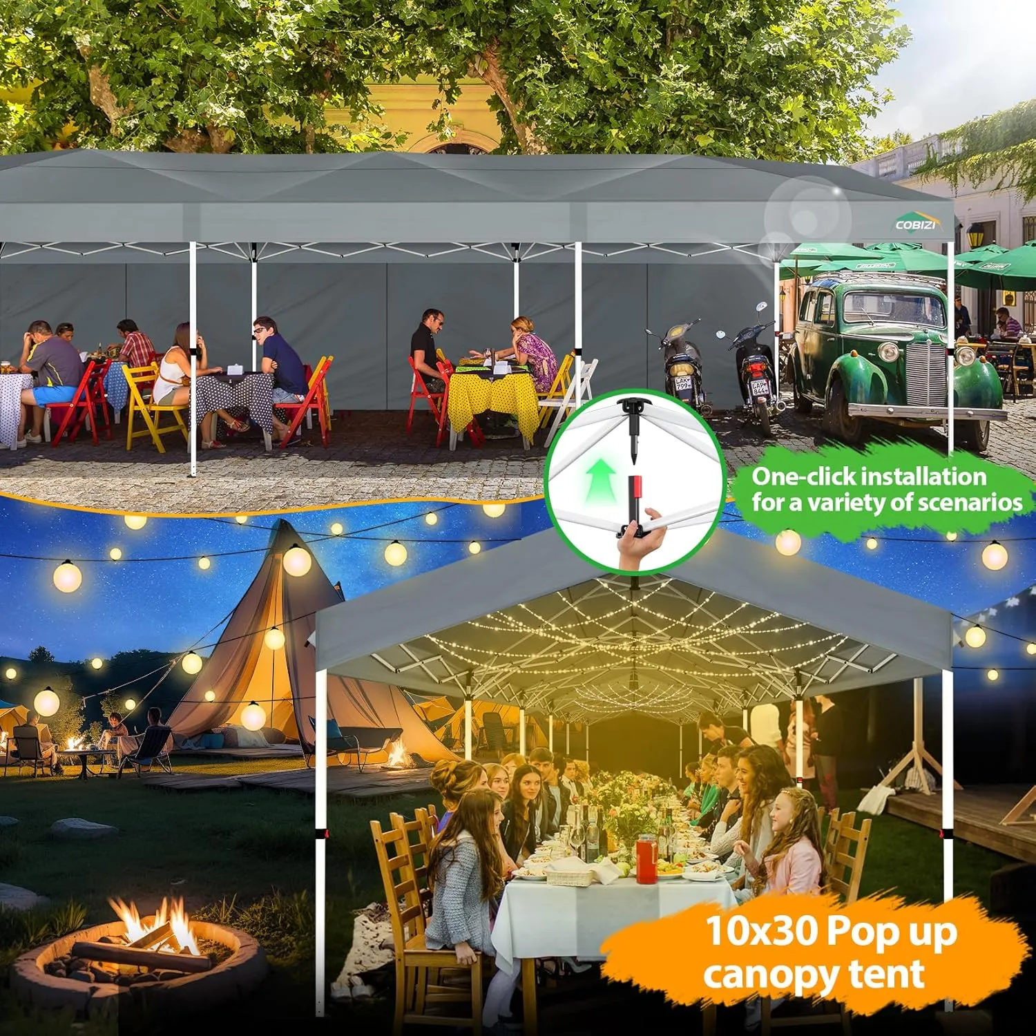 COBIZI 10x30 Party Tent with Wheeled Bag 10x30 Pop up Canopy with One-Push Setup, Outdoor Canopy with 3 Sidewalls Gazebo Event Shelter for Wedding Commercial with Sandbags,Waterproof & UPF50 , Grey