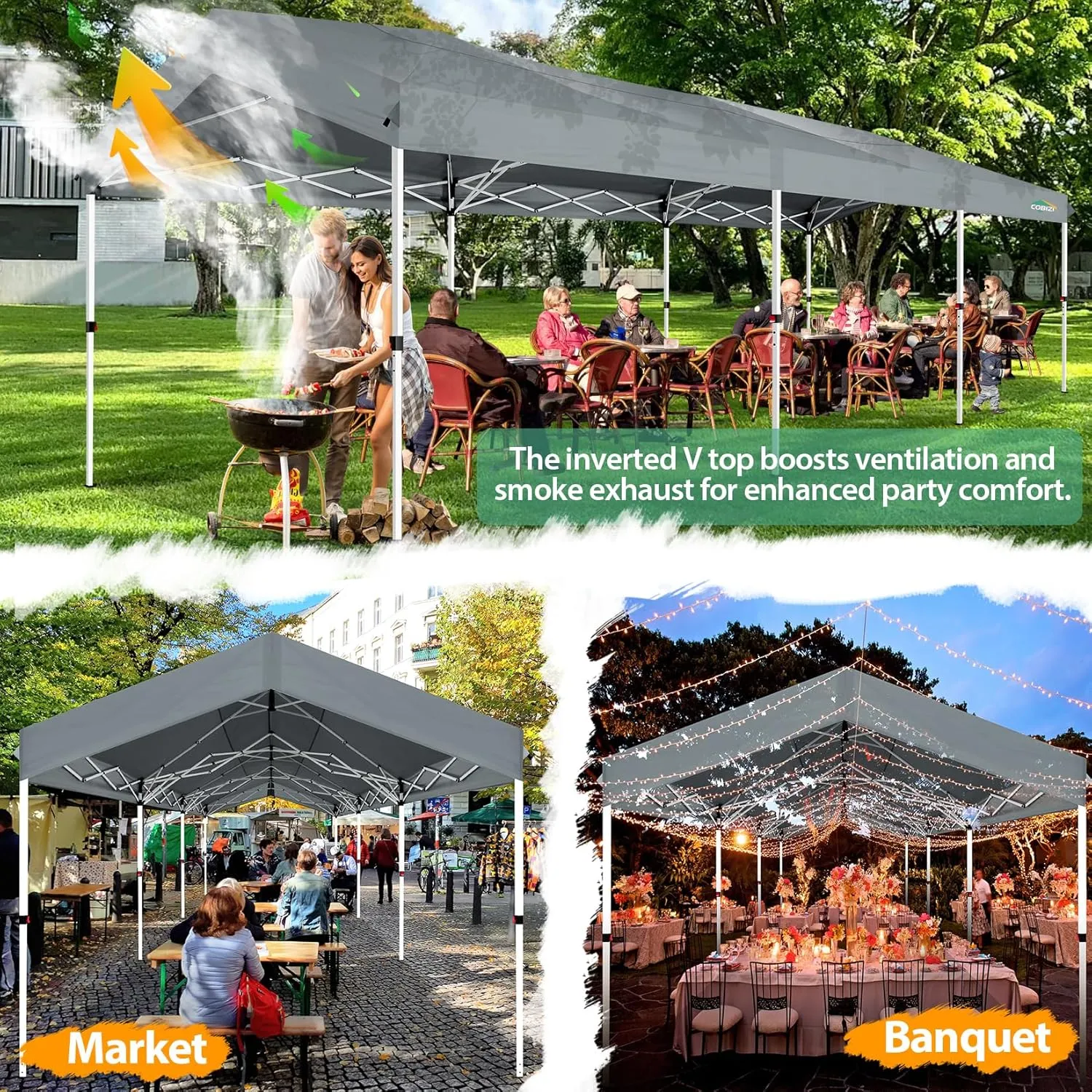 COBIZI 10x30 Party Tent with Wheeled Bag 10x30 Pop up Canopy with One-Push Setup, Outdoor Canopy with 3 Sidewalls Gazebo Event Shelter for Wedding Commercial with Sandbags,Waterproof & UPF50 , Grey