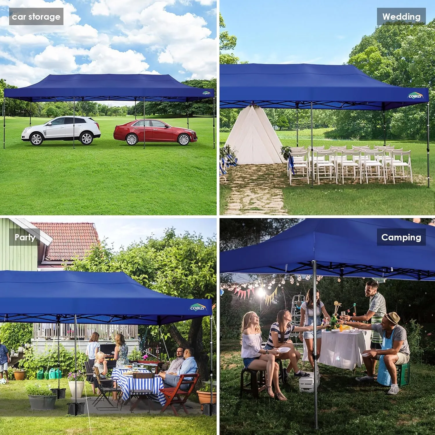 COBIZI 10x30 Pop up Canopy, Heavy Duty Outdoor Party Tents for Parties, Ez up UPF 50  Waterproof Commercial Canopy with Wheeled Bag can fold, Dark Blue