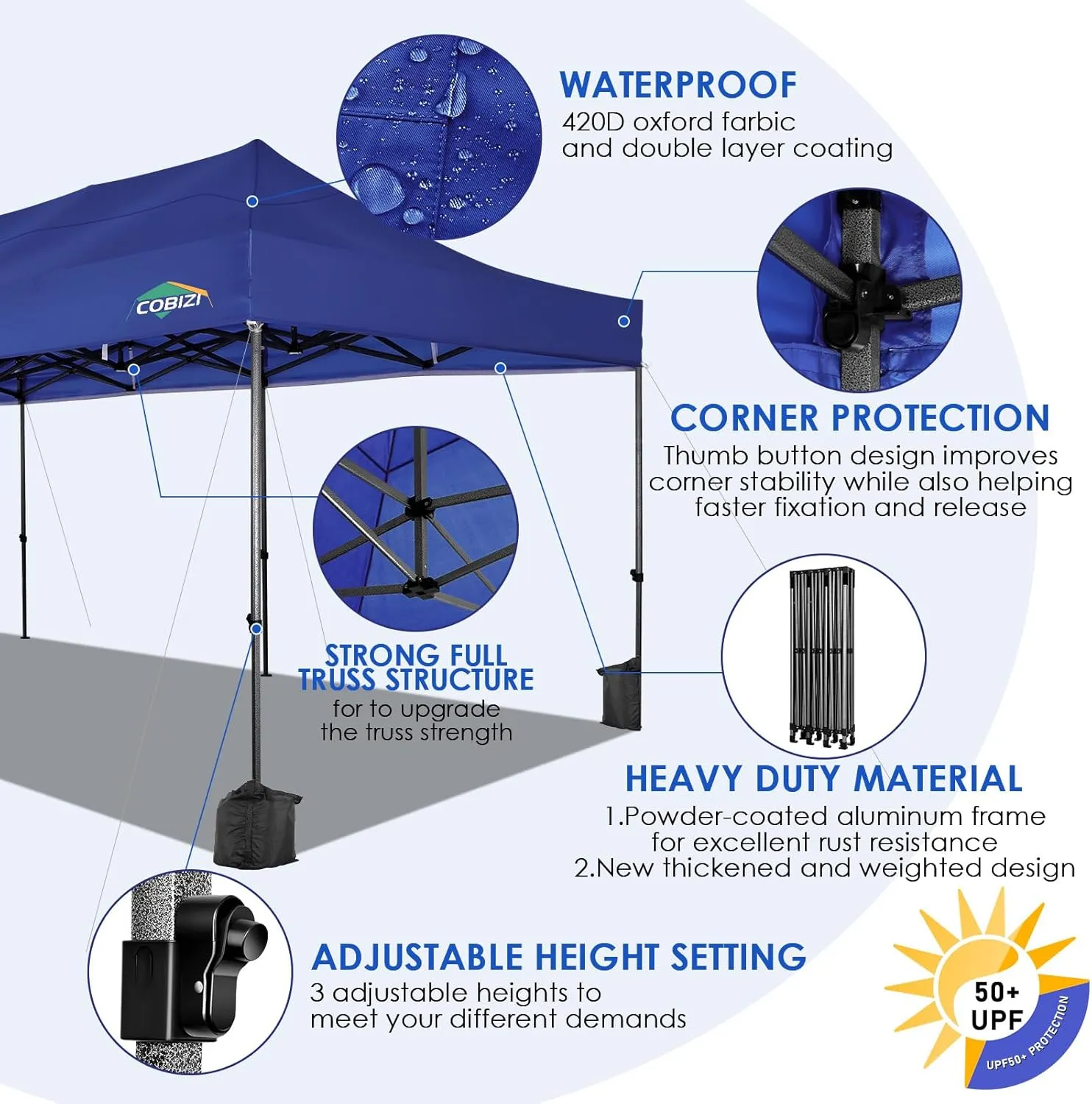 COBIZI 10x30 Pop up Canopy, Heavy Duty Outdoor Party Tents for Parties, Ez up UPF 50  Waterproof Commercial Canopy with Wheeled Bag can fold, Dark Blue