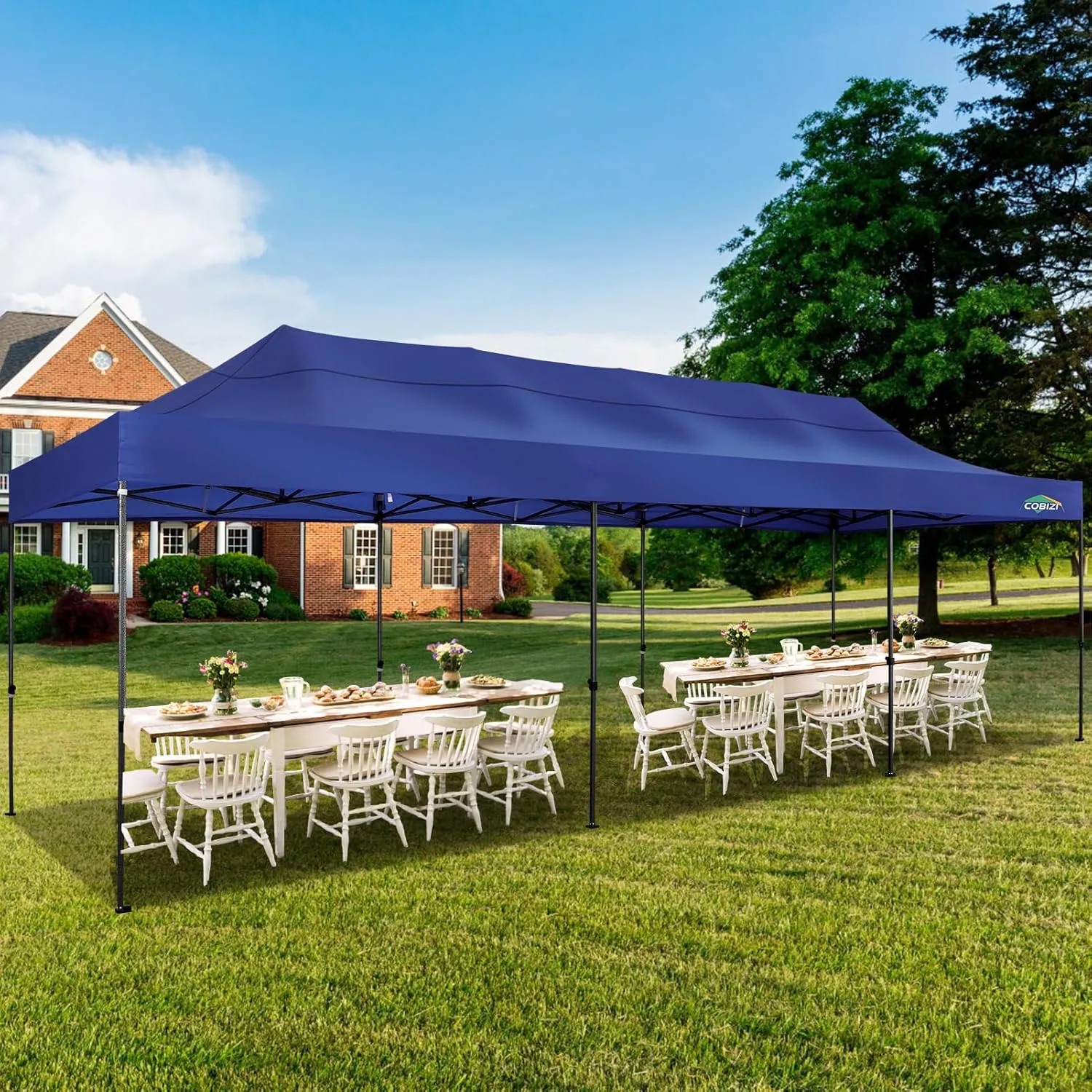 COBIZI 10x30 Pop up Canopy, Heavy Duty Outdoor Party Tents for Parties, Ez up UPF 50  Waterproof Commercial Canopy with Wheeled Bag can fold, Dark Blue