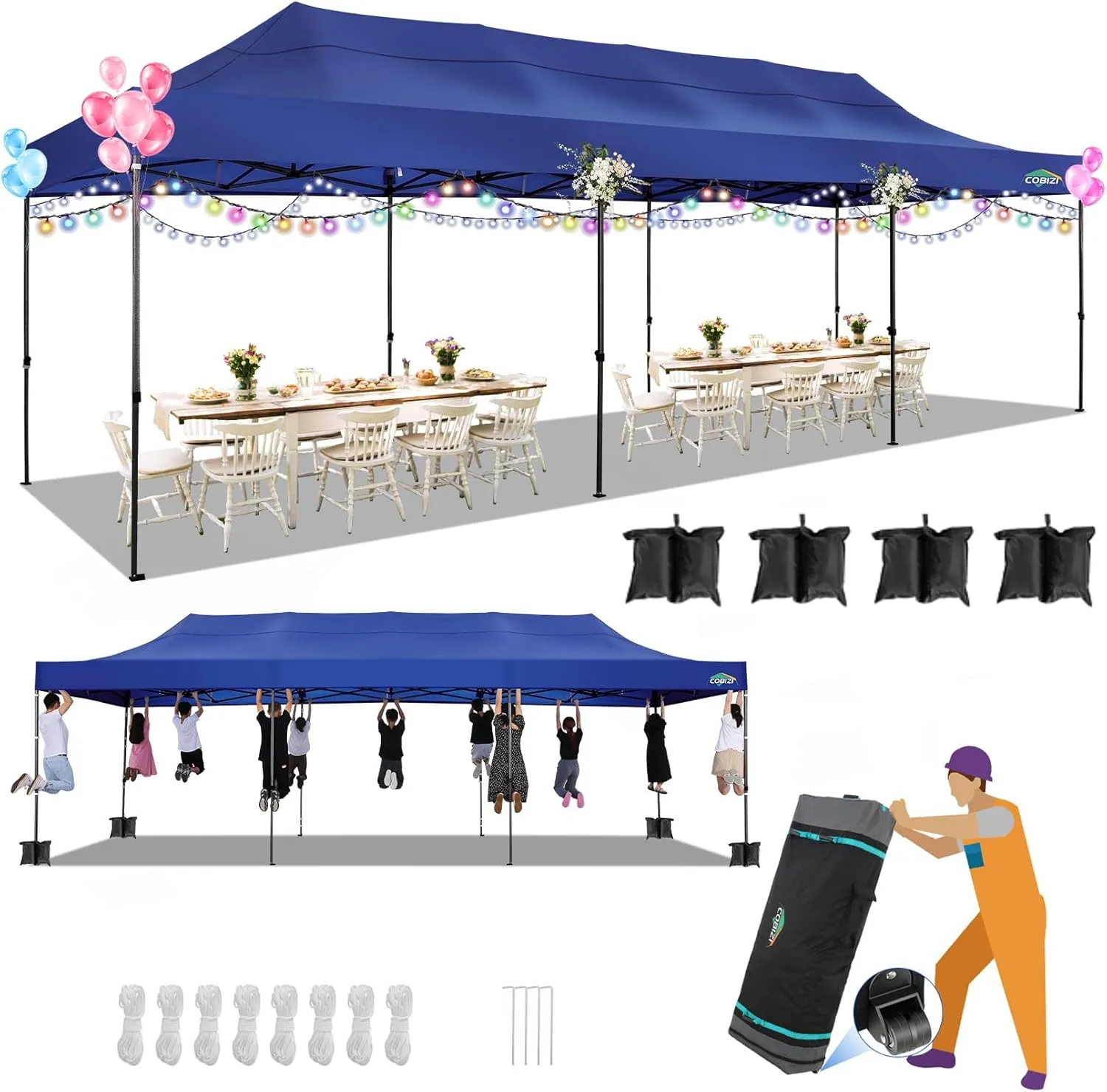 COBIZI 10x30 Pop up Canopy, Heavy Duty Outdoor Party Tents for Parties, Ez up UPF 50  Waterproof Commercial Canopy with Wheeled Bag can fold, Dark Blue