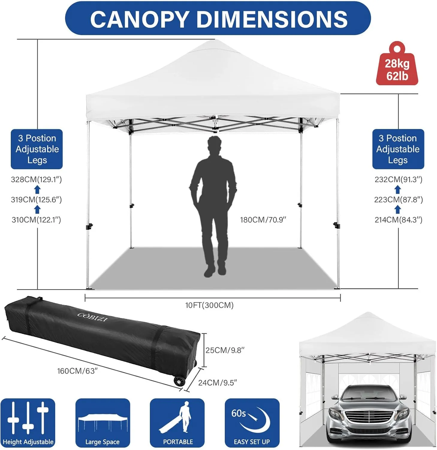 COBIZI Pop up Canopy Tent 10x10 Heavy Duty Gazebo with 4 Sidewalls, UPF 50  All Weather Waterproof Commercial Outdoor Wedding Party Tents Canopy with Roller Bag,White