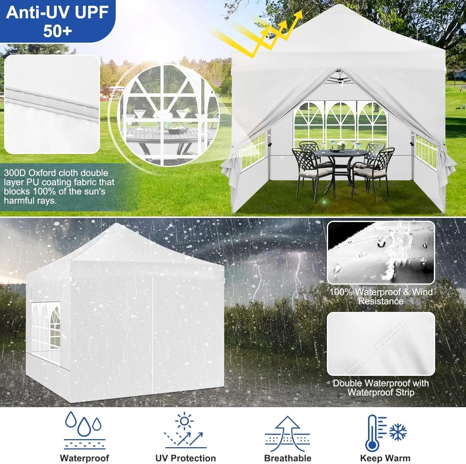 COBIZI Pop up Canopy Tent 10x10 Heavy Duty Gazebo with 4 Sidewalls, UPF 50  All Weather Waterproof Commercial Outdoor Wedding Party Tents Canopy with Roller Bag,White