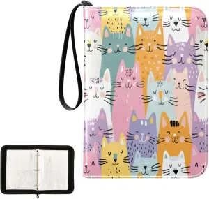 Colorful Cartoon Cats Pattern Card Binder 4 Pocket, Trading Card Holder Fits 400 Game Cards with 50 Removable Sleeves, MTG Card Case Standard Size