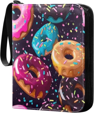 Colorful Donut Card Binder 4-Pocket Leather Cover 400 Pockets Card Album Holder Removable Display Storage for Trading Cards, Game Cards, Collectibles