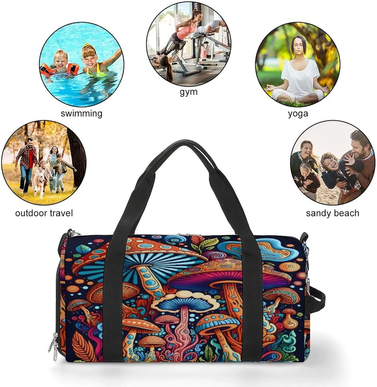Colorful Mushrooms Travel Duffel Bag for Men Women with Shoe Compartment Waterproof
