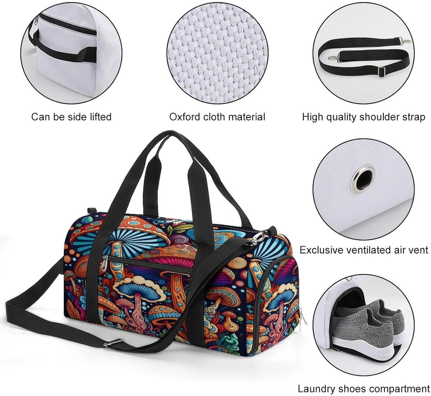 Colorful Mushrooms Travel Duffel Bag for Men Women with Shoe Compartment Waterproof