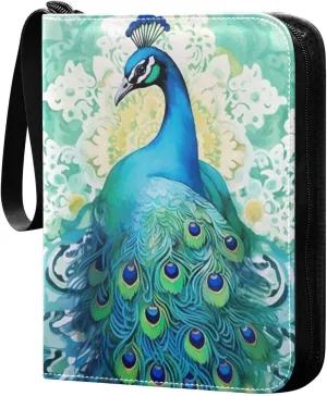 Colorful Peacock Card Binder 4-Pocket Leather Cover 400 Pockets Card Album Holder Removable Display Storage for Trading Cards, Game Cards, Collectibles