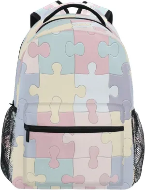 Colorful Puzzle Fragments Backpacks with Name Tag School Bags for Boys Girls,16 in Notebook Book Bag Travel Hiking Camping Daypack-M
