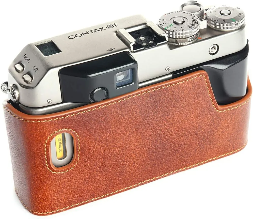Contax G1 Case, BolinUS Handmade Genuine Real Leather Half Camera Case Bag Cover for Contax G1 Camera with Hand Strap (LavaBrown)