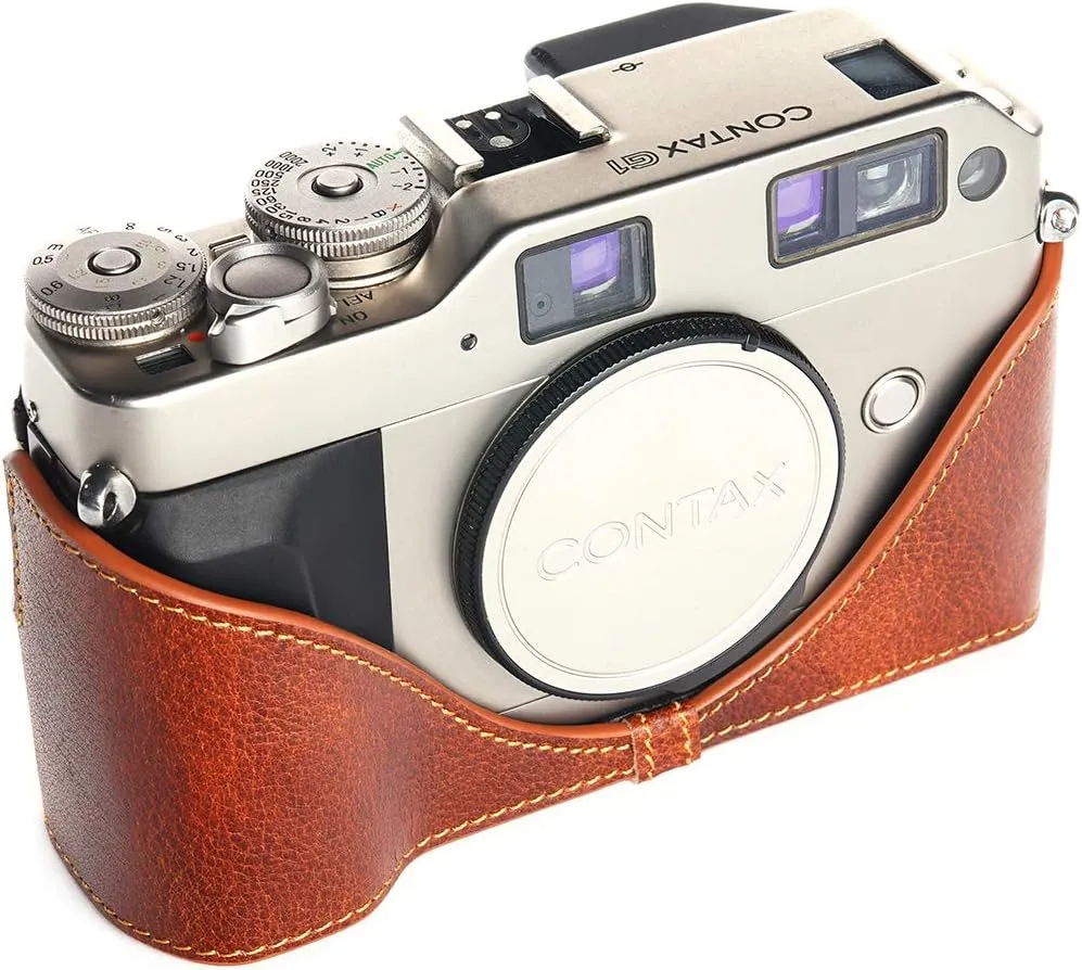Contax G1 Case, BolinUS Handmade Genuine Real Leather Half Camera Case Bag Cover for Contax G1 Camera with Hand Strap (LavaBrown)