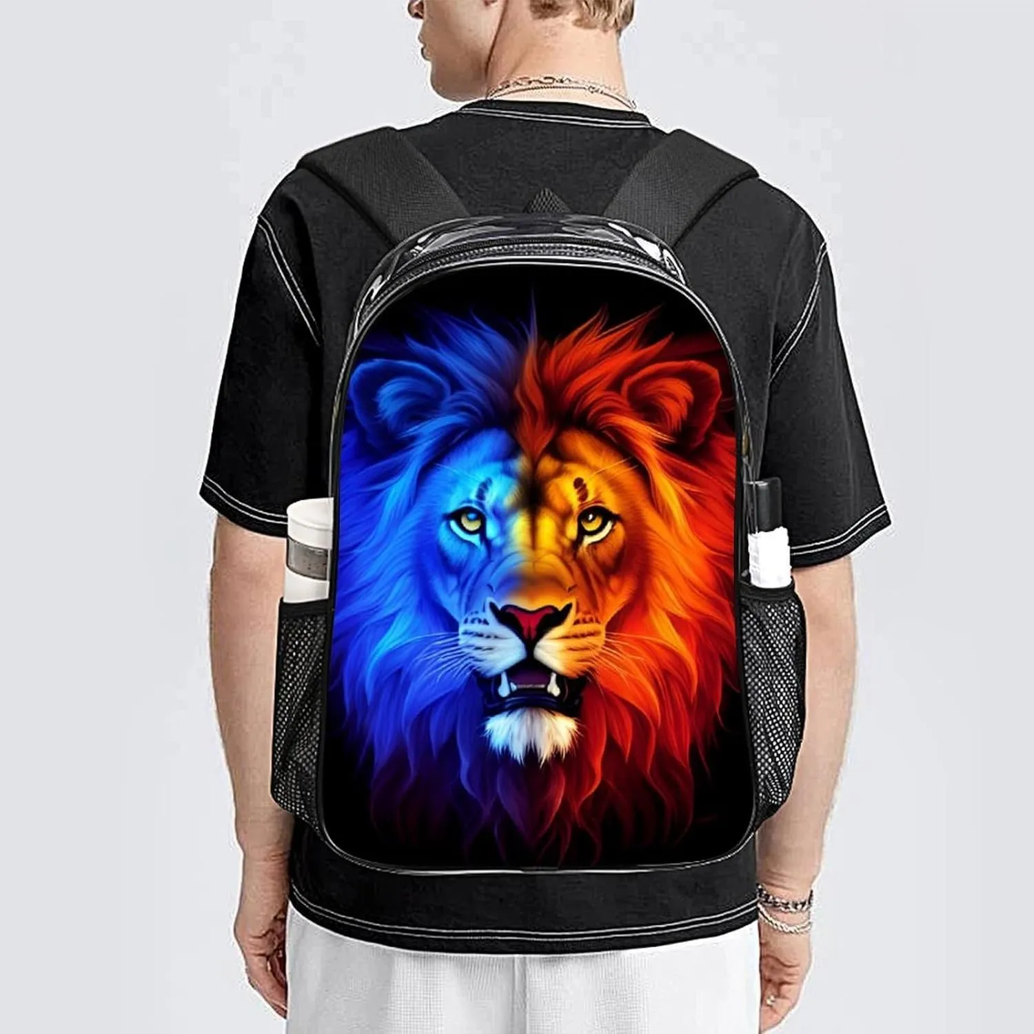 Cool Lion In The Universe Surreal Style Art Backpack Lightweight Anti-Theft Multipurpose Shoulder Bag Large Capacity Travel Hiking Backpack Transparent Bag